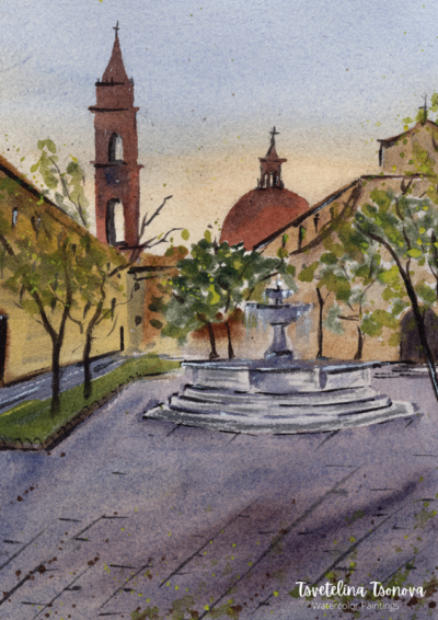 Original watercolor painting "Echoes of the Old Square"