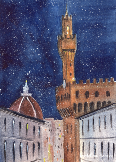 Original watercolor painting "Evening in Florence"