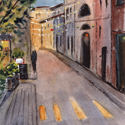 Original watercolor painting "Evening walk"