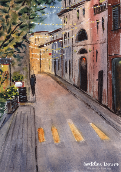 Original watercolor painting "Evening walk"