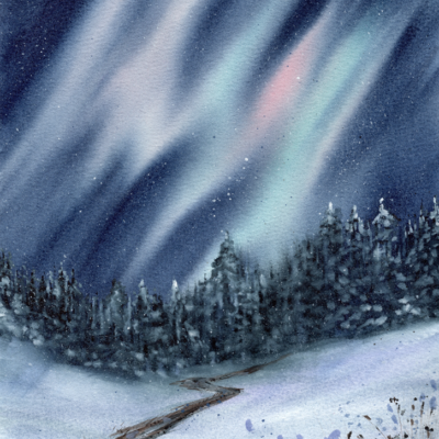 Original watercolor painting "The road beneath the Aurora"
