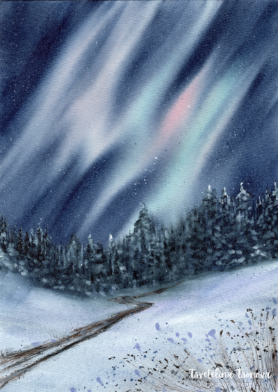 Original watercolor painting "The road beneath the Aurora"