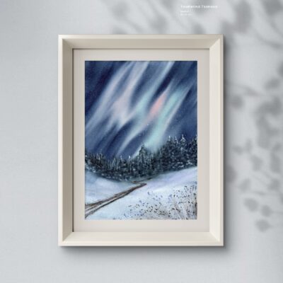 Original watercolor painting "The road beneath the Aurora"