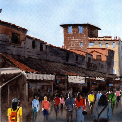 Urban Street Watercolor Painting – Original Cityscape Art with Crowd Scene