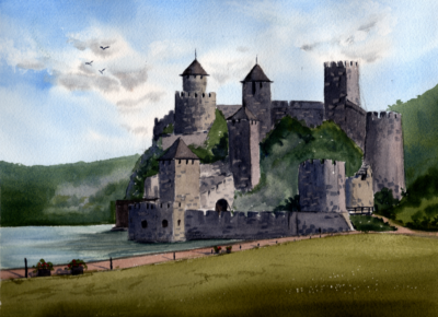 Original watercolor painting "Fortress by the river"