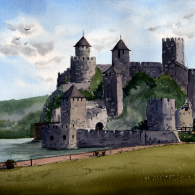 Original watercolor painting "Fortress by the river"