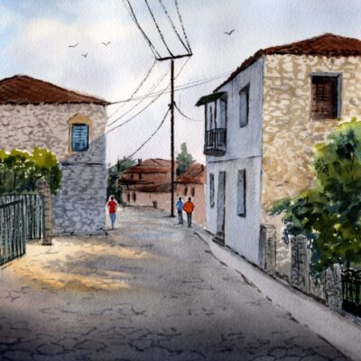 Charming European Street Watercolor – Original Alleyway Landscape Painting