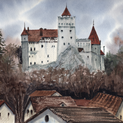 Fairytale Castle Watercolor Painting – Original Landscape Art