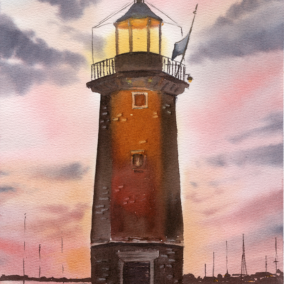 Lighthouse Watercolor Painting – Original Sunset Art