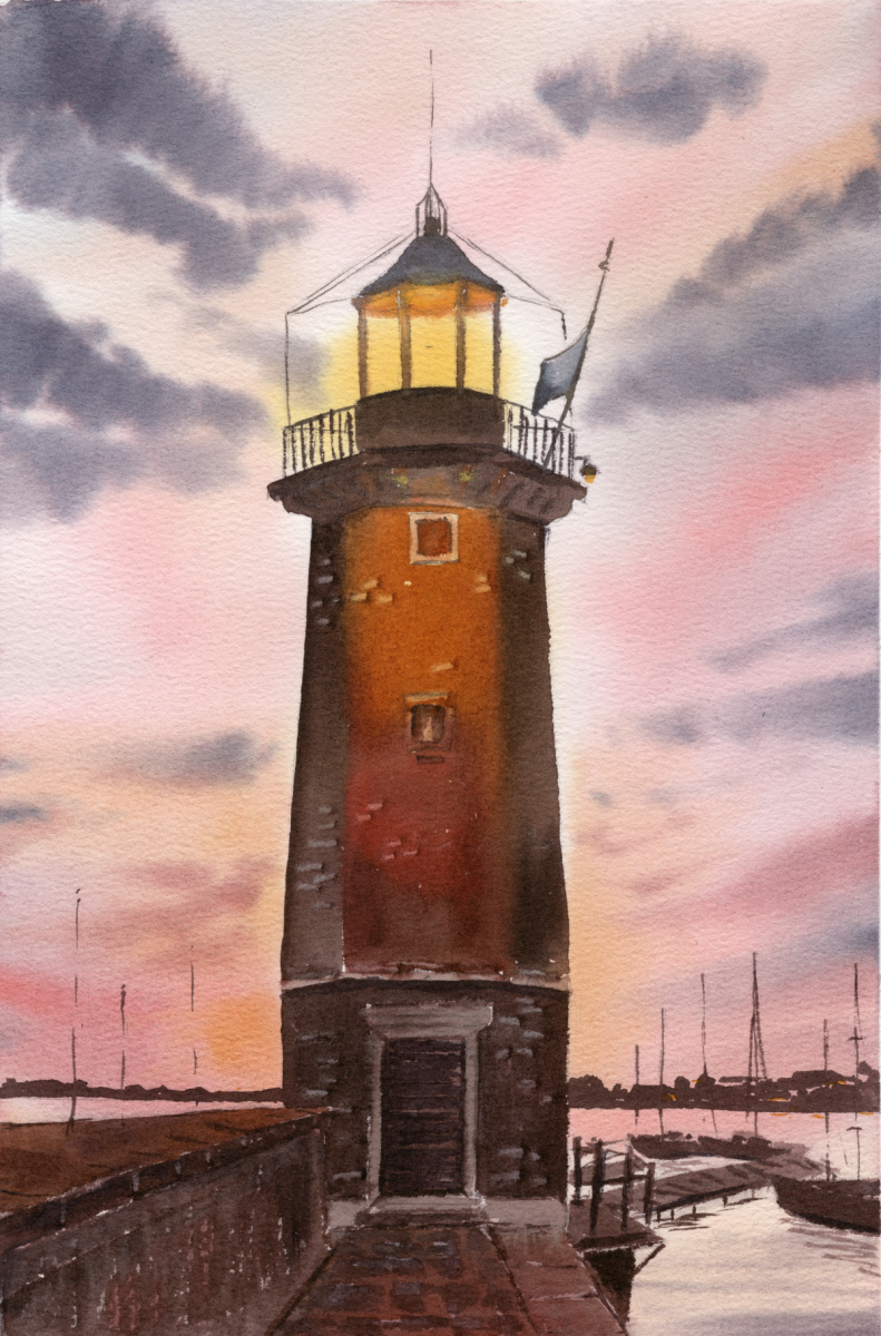 Fine Art print of Lighthouse Watercolor Painting – Sunset Art Print - size A5