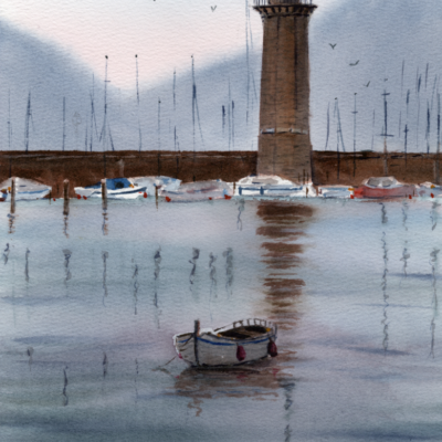 Fine Art print – Original Boat Scene, lakeside Landscape Art - size A5