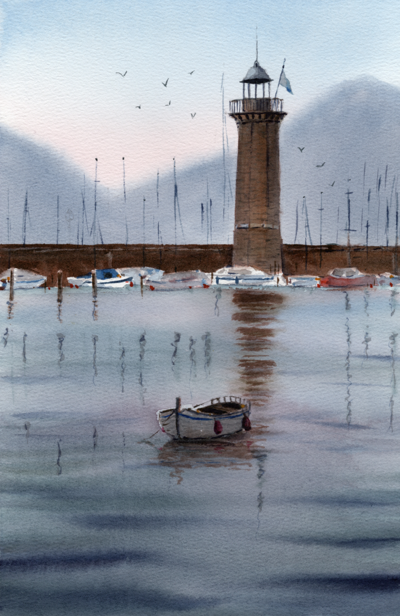 Fine Art print – Original Boat Scene, lakeside Landscape Art - size A5