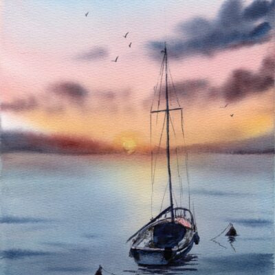 Lake Harbor Watercolor Painting – Original Boat Scene, lakeside Landscape Art