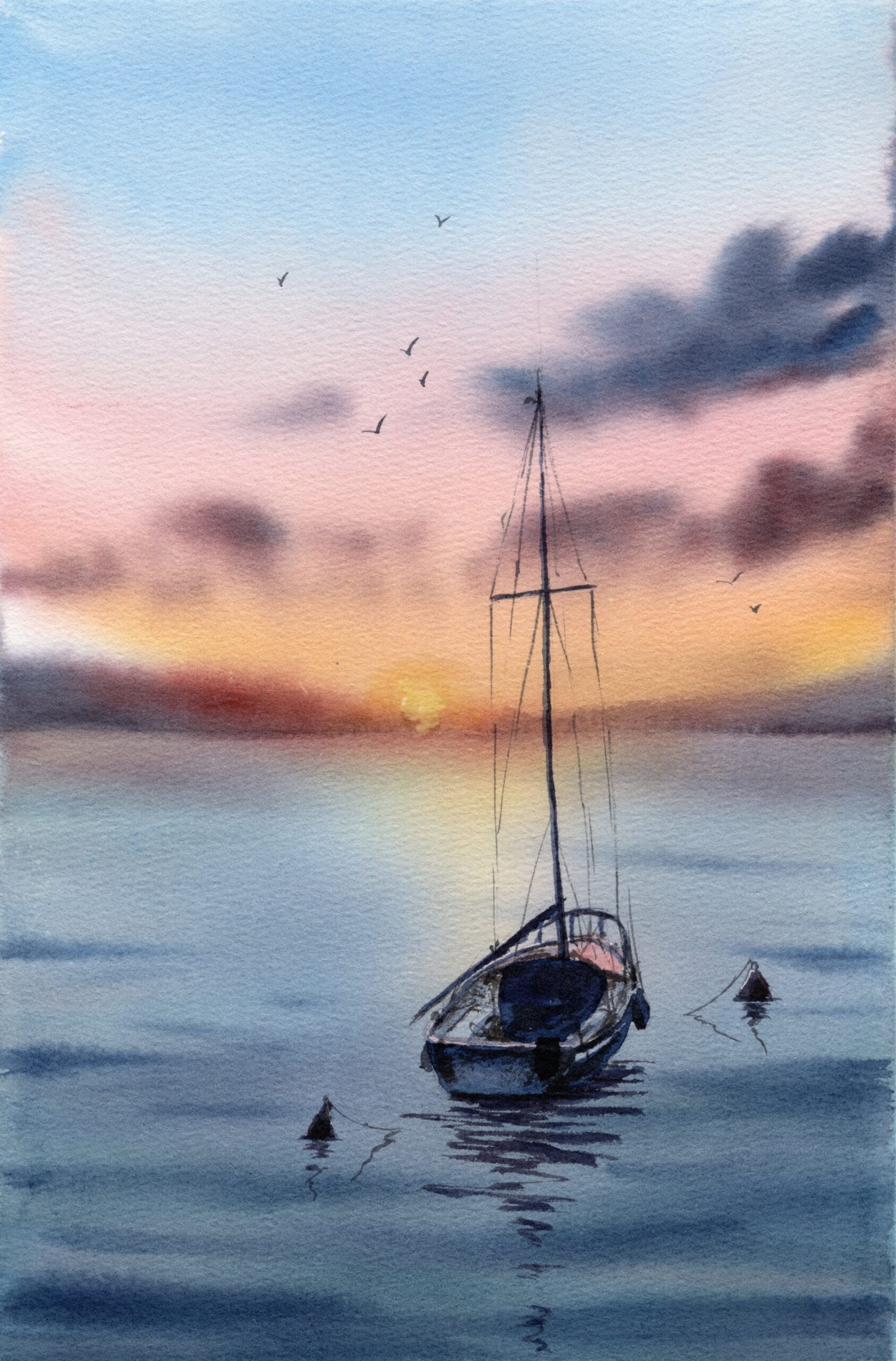 Fine Art print – Original Boat Scene, lakeside Landscape Art - size A5